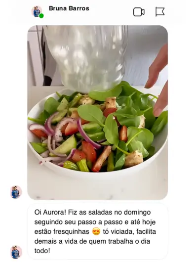 Mensagem de Bruna sobre a praticidade das saladas