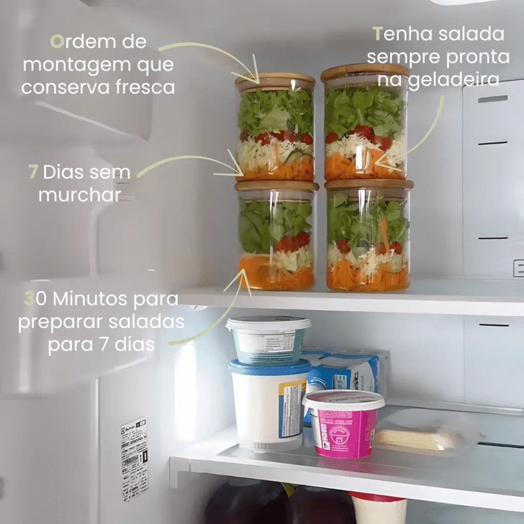 Potes com saladas organizados dentro da geladeira